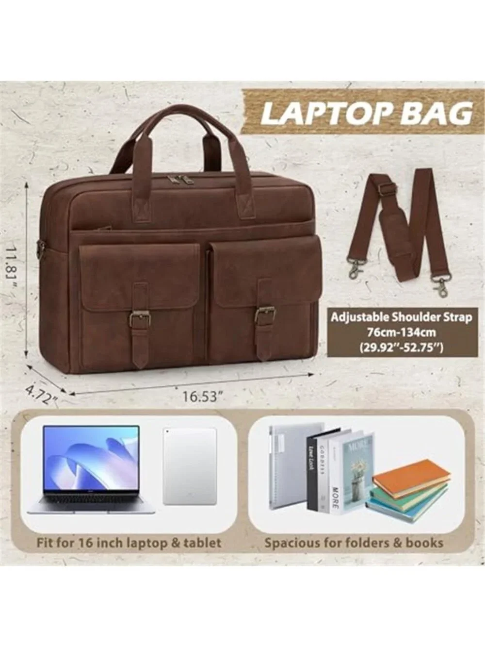 Men's Messenger Bag 16 Inch Leather Laptop Bag Briefcase Vintage